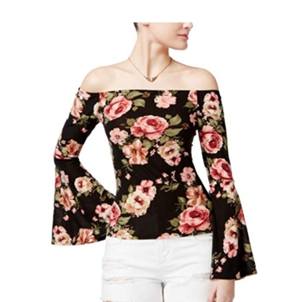 Off Shoulder Bell Sleeve Floral Top LIKE NEW - Picture 7 of 8